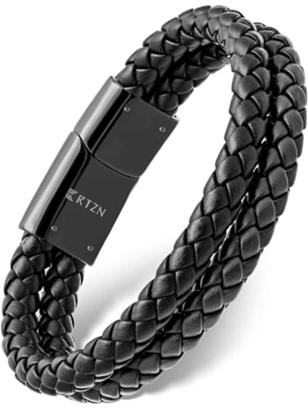 Mens Black Braided Genuine Leather Bracelet Stainless Steel Clasp Adjustable